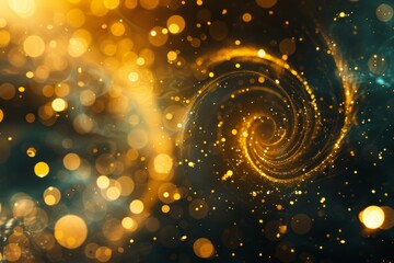 Poster - A macro photograph of swirling gold and yellow bokeh lights on a dark background creating a vibrant and abstract design