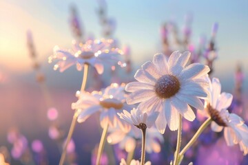 Poster - Close-up of a daisy covered in silver glitter at sunrise. Soft sunlight makes the petals glow, creating a magical scene