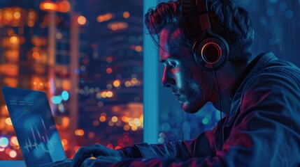 Poster - man online office male technology computer working business laptop person businessman young earphone
