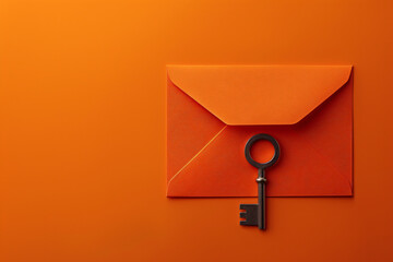 Poster - orange envelope with key on orange background flat lay top view


