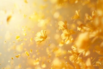 Poster - Yellow petals gently float in the air with a soft focus and shallow depth of field, creating a dreamy and ethereal atmosphere