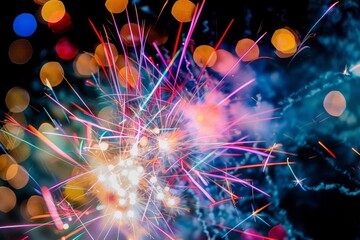 Poster - A close-up shot of a fireworks display with vibrant trails and bursts of color against a dark night sky