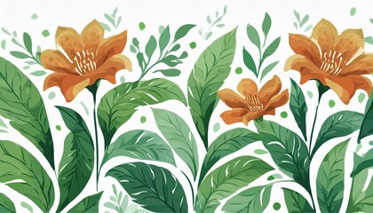 Wall Mural - Vibrant watercolor painting of orange flowers with lush green foliage