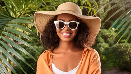 Stylish woman in sunglasses and summer hat with tropical background