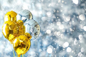 Poster - a close-up shot of several gold and silver foil balloons floating against a shimmering silver backgr