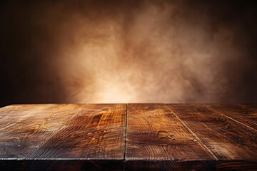 Poster - A wide-angle shot of an empty wooden table against a soft, brown, and smoky backdrop. The intricate details of the wood are visible