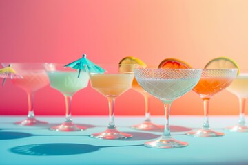 Poster - Colorful cocktails in coupe glasses with Bauhaus-inspired patterns are lined up, illuminated by a vibrant background and casting shadows on a blue surface