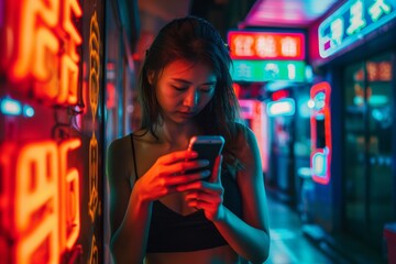 Poster - A woman stands in a bustling city street illuminated by colorful neon signs, engrossed in her mobile phone