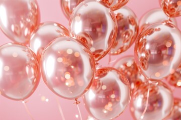Poster - Closeup of several rose gold foil balloons floating against a pastel pink backdrop. The balloons reflect light, creating a glamorous and sophisticated aesthetic