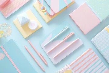 Poster - Pastel-colored notebooks, pens, and stationery items with Bauhaus-inspired hand-painted designs lay flat on a blue background