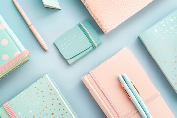Poster - A flat lay of pastel-colored stationery items, including notebooks, pens, and a small notepad, all with hand-painted Bauhaus-inspired patterns, set on a light blue surface
