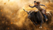 © gearstd - A cowboy rides a powerful bull in a rodeo arena filled with dust and falling debris, showcasing the intensity and skill involved in bull riding sports.
