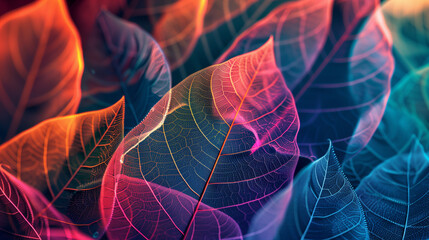Poster - A futuristic background on which intense lines and regular rows create dynamic patterns, combined with various colors and textures of leaves.