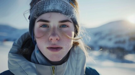 Wall Mural - The close up picture of the person looking at the camera with the white snow background in the middle of the snowy ice field, the skill require for ice field are fitness, ice safety knowledge. AIG43.