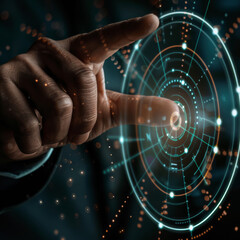 Poster - close-up of a businessman's hand pointing at an abstract glowing hologram of a maximum and minimum s