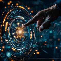 Poster - close-up of a businessman's hand pointing at an abstract glowing hologram of a maximum and minimum s