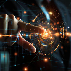 Poster - close-up of a businessman's hand pointing at an abstract glowing hologram of a maximum and minimum s