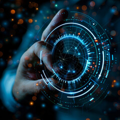 Poster - close-up of a businessman's hand pointing at an abstract glowing hologram of a maximum and minimum s