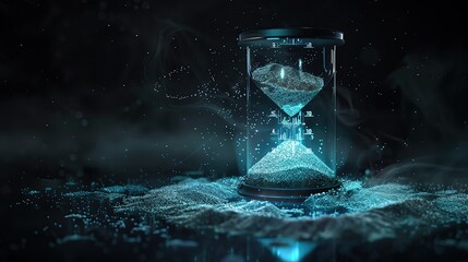 Futuristic digital hourglass with glowing particles, visualizing time passing in a high-tech, conceptual background.