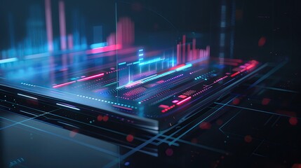 Poster - Futuristic digital interface with abstract data visualization, featuring glowing lines, graphs, and technological elements on dark background.