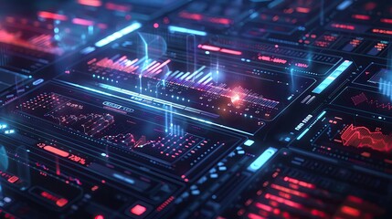 Poster - Futuristic digital interface with holographic data visualizations, graphs, and glowing elements in a high-tech environment.