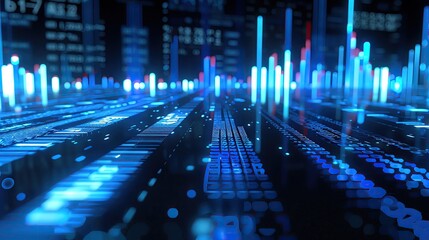 Fototapete - Futuristic digital cityscape with bright blue lights representing data and technology in a modern, connected urban environment.