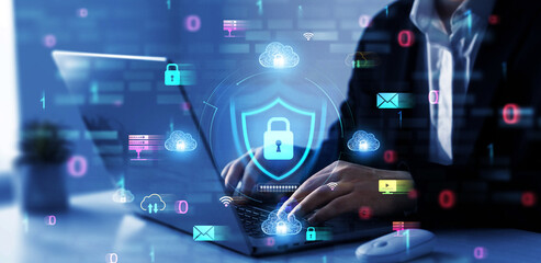 Poster - Protecting herself from cyber attacks and personal data.Portection data access.Businessman protecting personal data information.Cyber security protection concept.