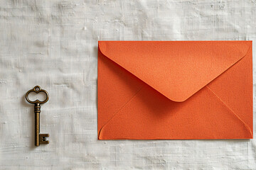 Poster - orange envelope with key on orange background flat lay top view


