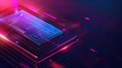 Poster - Futuristic holographic technology with vibrant neon designs and circuit-like patterns, depicting advanced digital innovation and data flow.