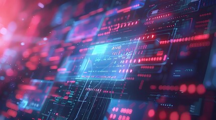 Poster - Futuristic digital data display with glowing neon lights, high-tech visualizations and advanced computer interface in vibrant colors.