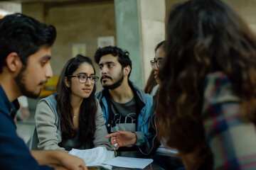 Group of Diverse College Students Collaborating on Project in Study Lounge