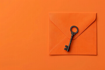 Poster - orange envelope with key on orange background flat lay top view


