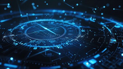 Poster - Futuristic digital interface with interconnected glowing blue elements, showcasing advanced technology and cyber connectivity on a dark background.