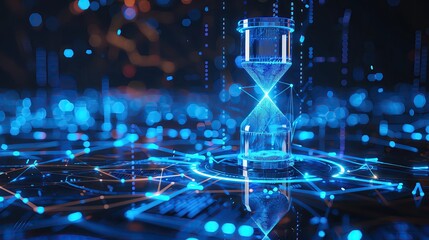Poster - Futuristic digital hourglass surrounded by a glowing network, representing time and technology integration in a virtual environment.