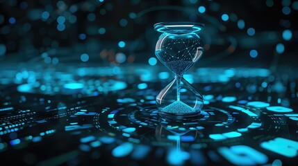 Poster - Futuristic digital hourglass with blue glowing elements, symbolizing the concept of time and technology in a modern, high-tech environment.