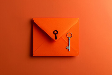 Poster - orange envelope with key on orange background flat lay top view


