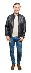 Poster - Middle age handsome man wearing black leather jacket with a happy and cool smile on face. Lucky person.