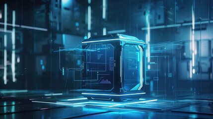 Poster - Futuristic digital device with blue light and holographic interface in a high-tech environment. Perfect for illustrating modern technology themes.