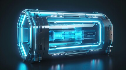 Poster - Futuristic glowing blue energy container with high-tech design, featuring intricate details and neon lights, against a dark background.