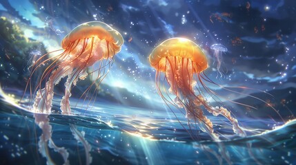   Two jellyfish float above a water body adjacent to a dense green forest beneath a blue sky