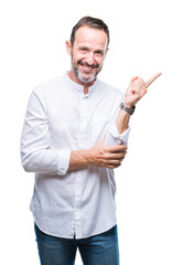 Poster - Middle age hoary senior man over isolated background with a big smile on face, pointing with hand and finger to the side looking at the camera.