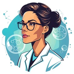 Poster - Portrait of a confident female scientist wearing glasses and a lab coat, surrounded by science-related imagery.