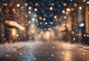 Beautiful blurred street of festive night or evening city with snowfall and Christmas lights Abstrac