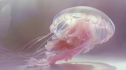 Sticker -   A clear close-up of a jellyfish on a white and pink background