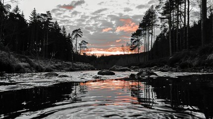 Poster -   A monochrome image of the sun setting behind rocks and trees on a river