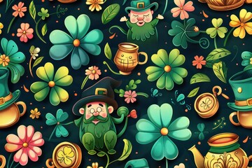 Wall Mural - A whimsical St. Patrick's Day pattern with cartoon leprechauns, shamrocks, and pots of gold. The seamless design is filled with vibrant colors and playful elements, perfect for St. Patrick's Day