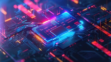 Fototapete - Futuristic circuit board with glowing neon lights showcasing advanced technology and electronic components in vibrant colors.