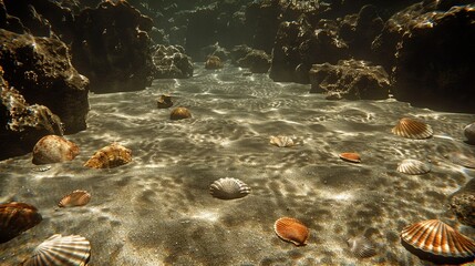 Poster -  A cluster of seashells floats atop a sandy shore near a jagged cliff, all beneath a clear blue sky