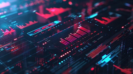 Poster - Abstract digital interface with data visualization, glowing red and blue lights. Perfect for tech, data analysis, and modern themes.