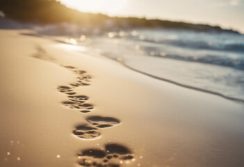 Blurred defocused natural background of tropical summer beach with footprints in the wet sand Summer